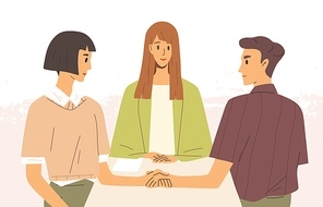 Concept of mediation. Man and woman sitting at desk, discussing problem, finding solution. Partners negotiation process with impartial arbitration. Vector illustration in flat cartoon style