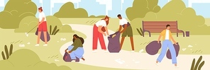 Cartoon man and woman volunteer cleaning garbage in park vector flat illustration. Colorful active people ecologists collecting rubbish together. Altruistic person clean up environment from waste.