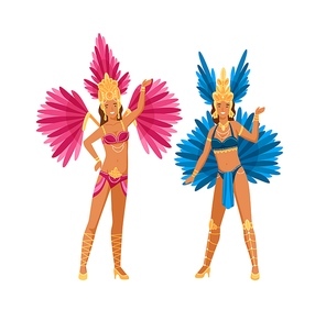 Two woman in Brazilian carnival costume posing isolated on white . Colorful smiling girl wearing festival bright apparel vector flat illustration. Female dressed for holiday masquerade.