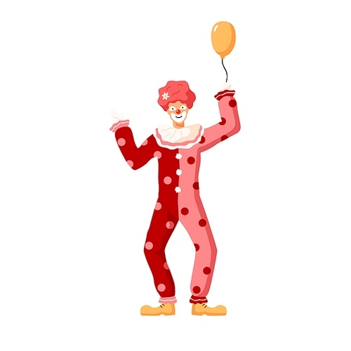 Cartoon colorful person wearing clown costume vector flat illustration. Funny circus character in bright apparel with air balloon isolated on white. Smiling person in wig and greasepaint.