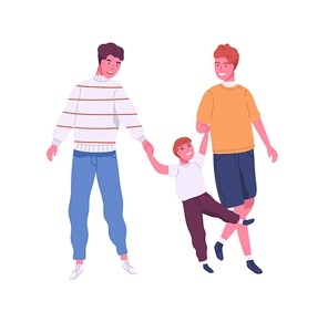 Joyful homosexual family having fun vector flat illustration. Two boyfriend and male kid laughing spending time together isolated on white . Happy guys enjoying parenthood.