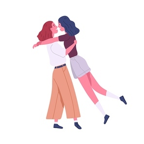 Two enamored lesbian girl hugging enjoy meeting vector flat illustration. Happy homosexual woman smiling feeling love and positive emotion isolated on white. Joyful lgbt couple at romantic date.