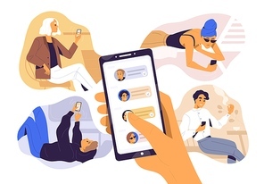 Concept of sharing news, refer friends online. Hand holding smartphone with contacts on screen. Person forwards messages to friends or colleagues. Vector illustration in flat cartoon style.