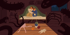 Scared children sit on bed under blanket with flashlight vector flat illustration. Little girls afraid shadow of imaginary ghosts and monsters in bedroom. Concept of kids night nightmare and fears.