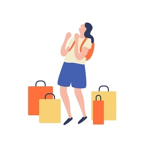 Laughing woman with backpack rejoicing surrounded by shopping bag vector flat illustration. Happy female teenager having fun enjoying sale isolated on white. Smiling girl standing with purchases.