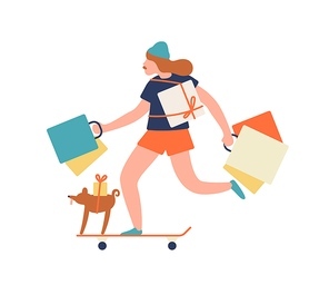 Funny hipster girl ride on skateboard hold shopping bag and gift box vector flat illustration. Happy teenage female with dog enjoying sale isolated on white. Joyful active young woman shopaholic.