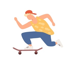 Active teenager boy riding on skateboard vector flat illustration. Hipster teen guy in cap enjoying outdoor activities isolated on white. Joyful male skater making accelerating during extreme sport.