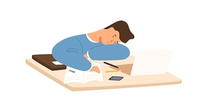 Tired student guy sleeping on table in front of laptop during prepare to exam vector flat illustration. Exhausted pupil lying on desk surrounded by paper notebook and book isolated on white.