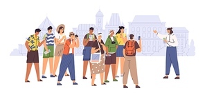 Female tour guide showing interesting places to group of tourist vector flat illustration. People admiring architecture cityscape isolated on white. Travel man and woman visit sightseeing of city.