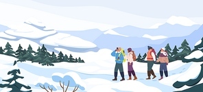 Group of cartoon backpacker winter hiking at mountain landscape panorama. Two active couple walking at snowy season. Colorful people outdoors activity. Travel expedition and mountaineering sport.
