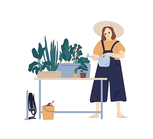 Happy female in hat enjoying home gardening hobby vector flat illustration. Funny plant lady with watering can taking care of houseplants isolated on white. Botanical woman cultivate plants in pot.