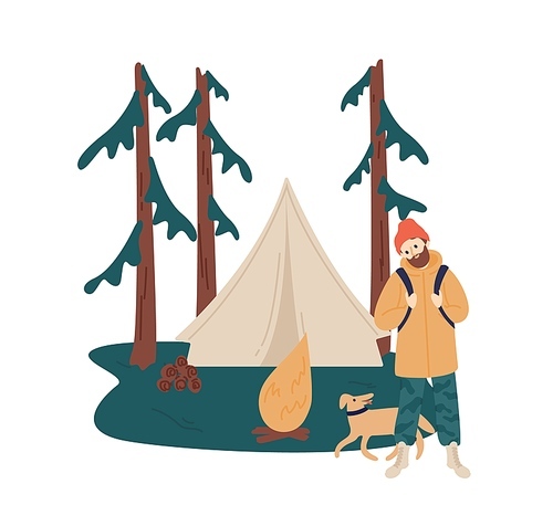 Man with dog relax at camping during hiking tourism vector flat illustration. Travel male at forest with campfire and tent isolated on white. Backpacker guy enjoying adventure and active lifestyle.