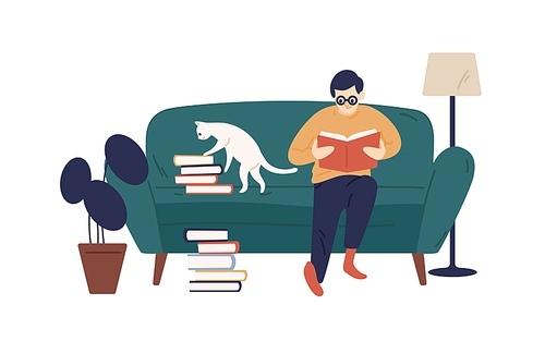 Enthusiastic guy reading book sitting on couch vector flat illustration. Literature lover resting at home surrounded by textbook stacks isolated on white. Male in glasses preparing to examination.