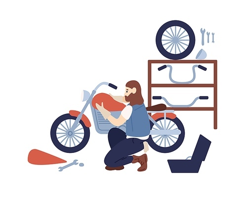 Bearded hipster guy motorcycle customization at service vector flat illustration. Mechanic man assemble in parts motorbike at garage isolated on white. Male biker enjoying hobby work with transport.