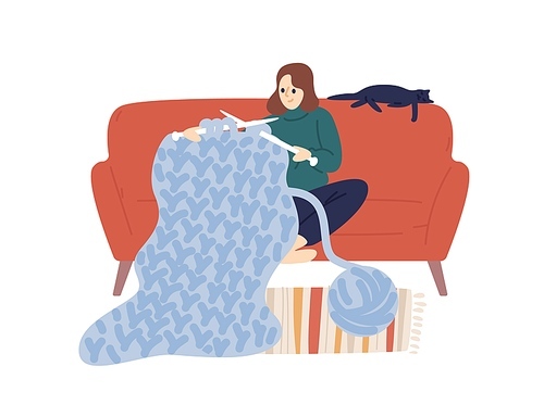 Domestic woman knit hold knitting needles and clew of thick yarn vector flat illustration. Creative female enjoying handmade hobby sit on comfy sofa isolated on white. Joyful lady use merino wool.