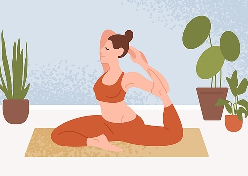 Woman perform flexibility sit in yoga pose vector flat illustration. Sports female practicing morning exercise at home. Girl meditating with closed eyes. Healthy lifestyle and spiritual practice.