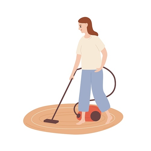 Smiling housewife cleaning carpet with vacuum cleaner vector flat illustration. Happy young woman doing housework isolated on white . Domestic female cleanup dirt and dust on floor at home.