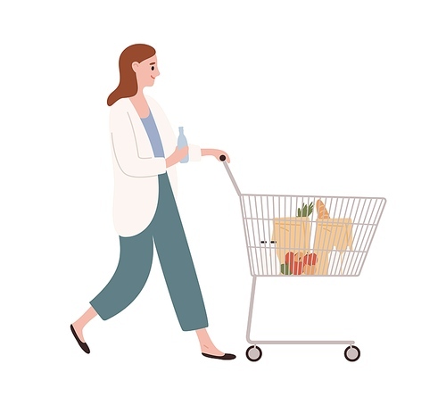 Smiling casual woman walking with shopping cart full of products vector flat illustration. Happy female hold bottle of water going with trolley isolated on white. Customer girl with purchases.
