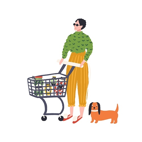 Trendy woman and dog with shopping trolley full of products vector flat illustration. Stylish hand drawn female buyer with basket carry food isolated on white. Customer during purchasing.