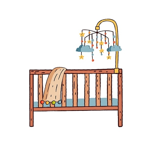 Hand drawn colorful childish cot vector flat illustration. Baby carousel with hanging toys over wooden bed isolated on white . Comfortable kids furniture with bedclothes.