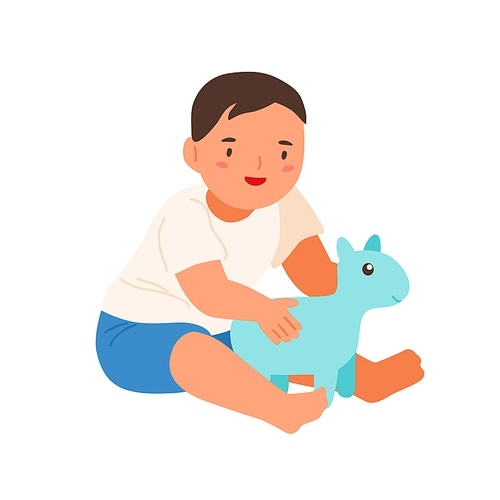 Cute smiling child playing with soft toy vector flat illustration. Happy little boy sitting hugging plaything isolated on white . Adorable baby enjoying childhood having positive emotion.
