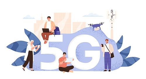 Modern people use wireless high speed internet vector flat illustration. Man and woman with smartphone, laptop, tablet and drone at cityscape telecommunication tower isolated on white. 5g concept.