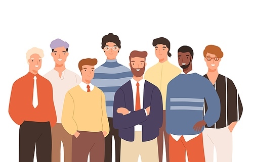 Portrait of diverse smiling business man vector flat illustration. Group of casual funny guy colleagues posing together isolated on white. Colorful male office workers having positive emotion.