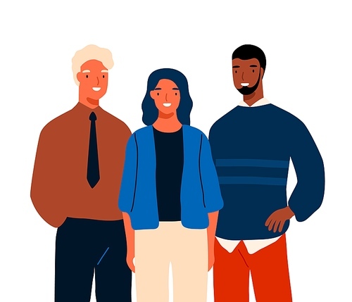Group of multinational young business people standing together vector flat illustration. Team of diverse smiling person isolated on white. Casual man and woman colleagues or clerks.