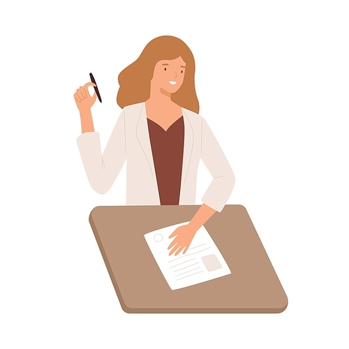 Smiling girl writing test with paper and pen sitting at desk vector flat illustration. Happy woman representation of resume isolated on white . Joyful recruiter female review cv applicant.