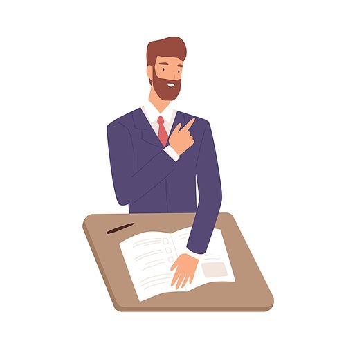 Friendly male in suit sitting at table during job interview vector flat illustration. Smiling bearded man writing test isolated on white . Happy guy HR manager looking cv applicant.