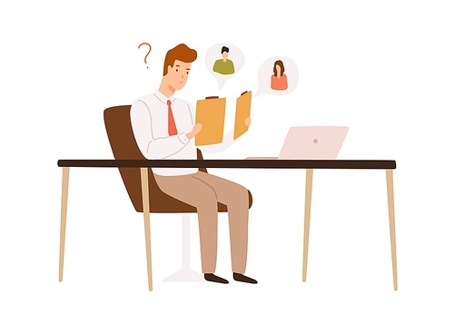Confused male recruit choosing between two resume applicant vector flat illustration. HR manager sit at desk doubt to hire hold cv isolated on white. Head hunting, recruitment and candidate choice.