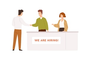 Friendly man and woman head hunter shaking hands with candidate during hiring process vector flat illustration. Professional recruiter and male after interview isolated on white .