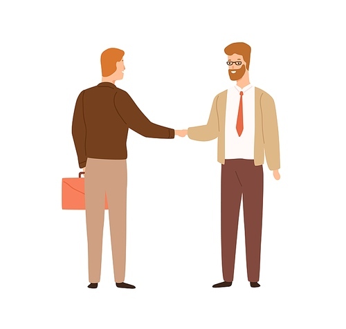 Two businessman shaking hands making deal vector flat illustration. Male boss greeting hiring new employee isolated on white . Meeting of friendly colleagues.