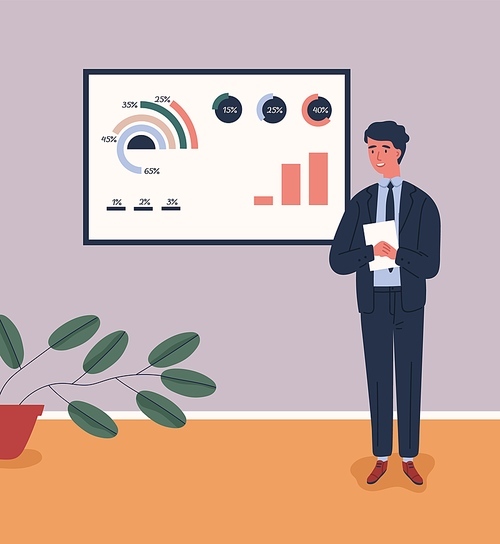 Business male character in suit talking near board with chart and diagram during presentation vector flat illustration. Man lecturer giving lecture. Guy presenting and explaining marketing data.