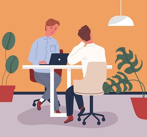 Colorful scene with colleagues sitting at table and working at coworking. Workers in cozy office. Modern comfortable freelancer workplace. Vector illustration in flat cartoon style.