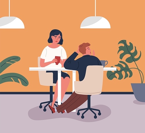 Irritated young mother drinking tea with bored son sitting at table in cafe vector flat illustration. Annoyed woman talking with yawn guy at cafeteria. Naughty teenage child discussing with female.