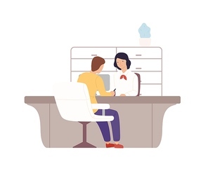 Smiling cartoon woman bank worker and man customer signing documents at office vector flat illustration. Colorful female providing services to male client isolated on white. People at payment office.