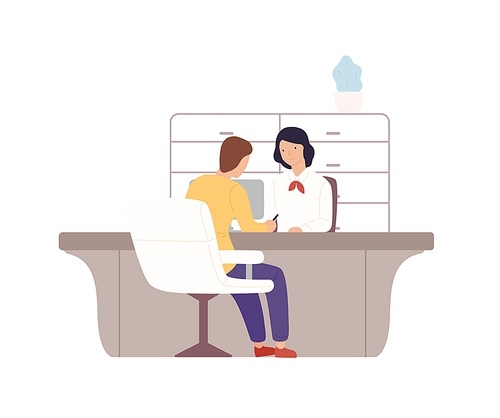 Smiling cartoon woman bank worker and man customer signing documents at office vector flat illustration. Colorful female providing services to male client isolated on white. People at payment office.