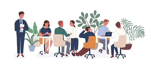 New employee at collective vector flat illustration. Male afraid public speaking in front of audience isolated on white. Chief giving dull team meeting to colleagues demonstrating lack of interest.