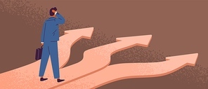 Thoughtful man standing at crossroads. Way choice concept. Start of career. Confused businessman thinking about the right path. Pathway selection dilemma. Vector illustration in flat cartoon style.