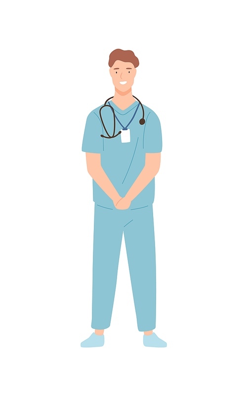 Smiling friendly guy surgeon standing in medical uniform vector flat illustration. Colorful young male doctor wearing stethoscope isolated on white . Positive man professional physician.