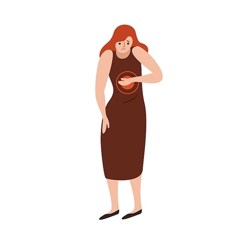 Unhappy woman feeling pain in chest vector flat illustration. Unwell female with painful face expression having disease of lungs or heart isolated on white. Sad lady gesturing sickness.