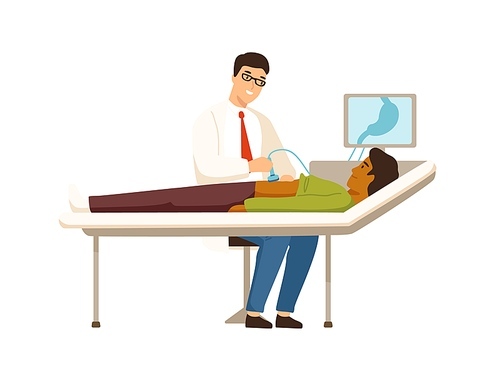 Smiling gastroenterologist making abdominal ultrasound to patient vector flat illustration. Man with stomach pain visit doctor at clinic isolated on white. Physician during sonography examination.