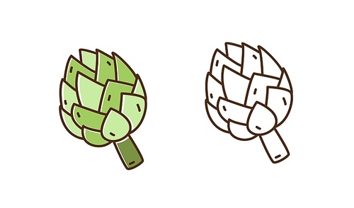 set of natural artichoke in monochrome and colorful line art style. organic seasonal vegetable vector illustration. vegetarian product for weight lossing and healthy lifestyle isolated on white .