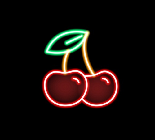 Fashion glow neon light cherry vector flat illustration. Bright berry with leaves sign illuminating isolated on black. Colorful berries icon decorative symbol. Fresh glowing fruit signboard design.