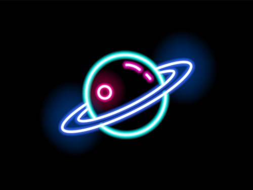 Bright neon light Saturn shape vector flat illustration. Colorful planet with ring symbol isolated on black. Glowing signboard with design elements. Outline sign of globe or satellite.