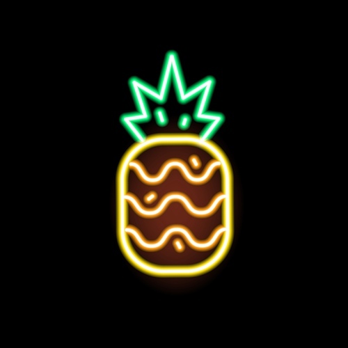 Glowing neon light pineapple shape vector flat illustration. Exotic fruit fashion icon isolated on black. Decorative symbol or trendy design element. Signboard decoration with tropical fruitage.