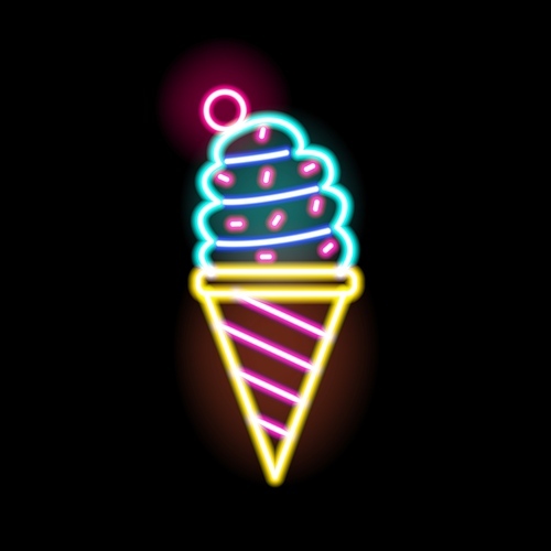 Colorful neon glowing ice cream sign vector flat illustration. Bright sweet delicious signboard isolated on black background. Illuminated cornet symbol decorated by design elements and berry on top.