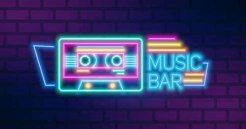 Music bar neon sign on brick wall background vector flat illustration. Retro cassette and inscription glowing colorful light. Signboard of cafe, restaurant or night club isolated.