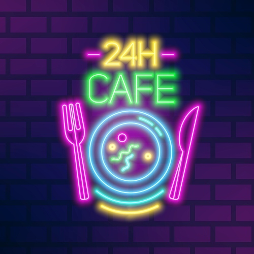 24H cafe neon sign on brick wall vector flat illustration. Bright glowing signboard noctidial cafeteria with plate and cutlery. Colorful symbol with inscription isolated. Trendy design elements.